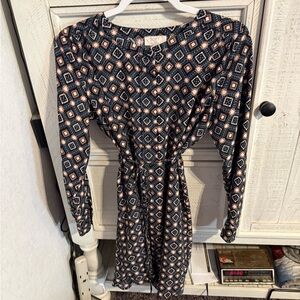 LOFT Black and Pink Geometric Long Sleeve Dress